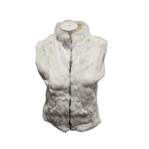 WHBM White‎ House Black Market L Rabbit Fur Vest Zip Front Ivory Faux Fur Trim